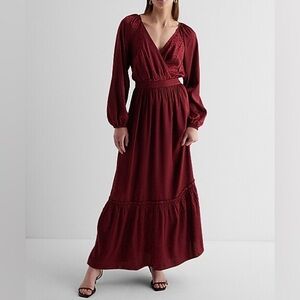 Berry / Wine Red Express Satin Floral Jacquard V-Neck Tiered Maxi Dress, Medium